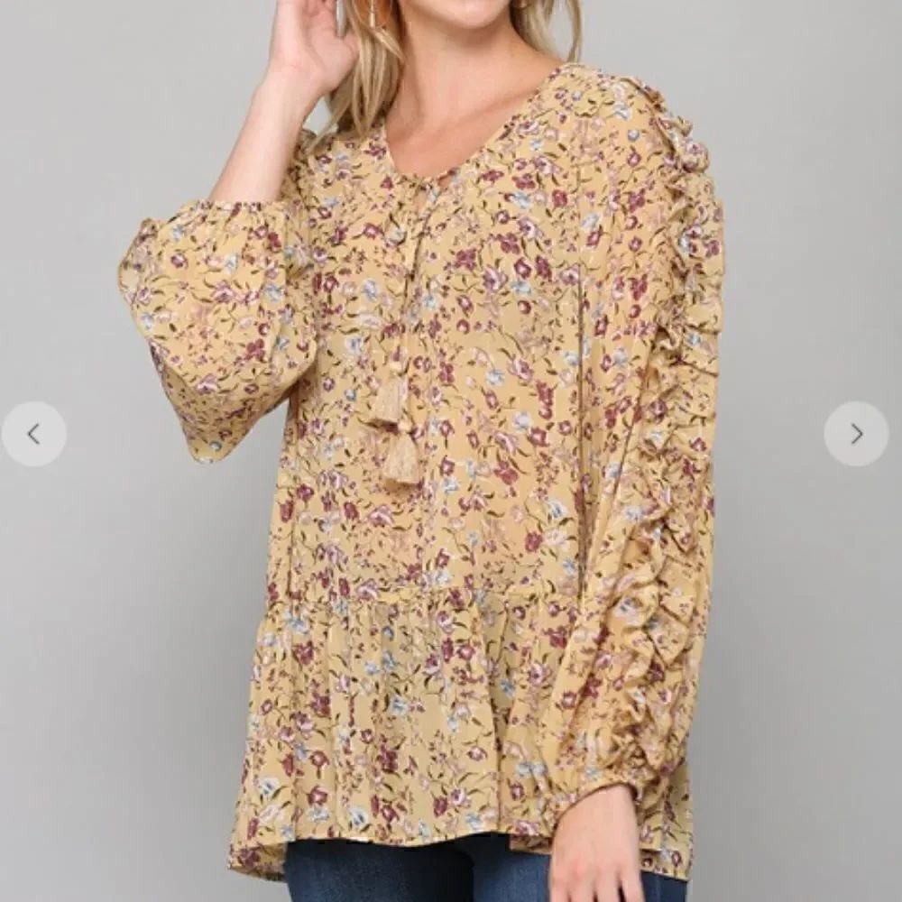 Gigio by Umgee Floral Printed Chiffon Ruffle Detail Long Sleeve Boho Tunic Top